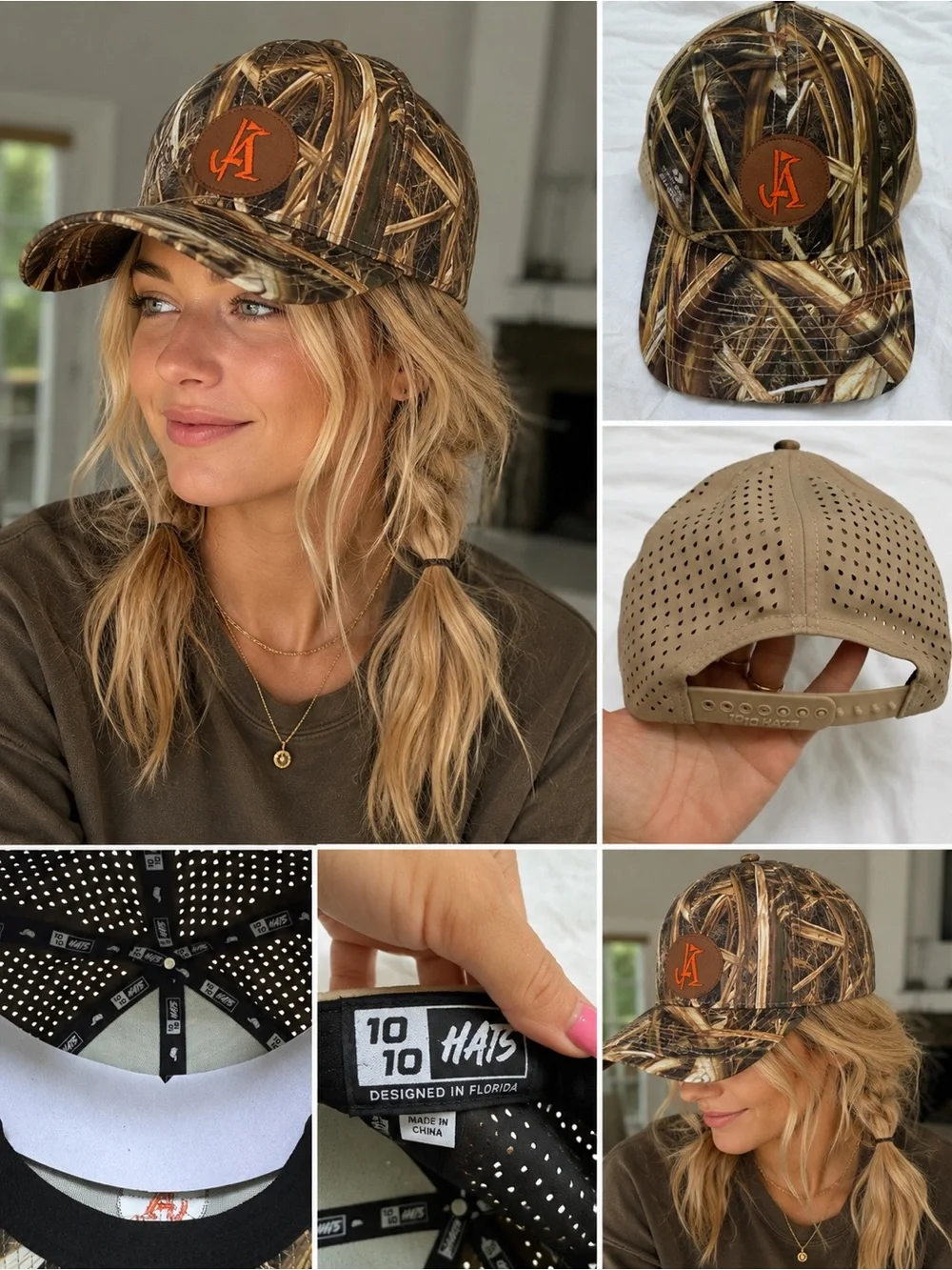 10/10 HATS Camo Snapback Cap with Orange Logo - Unisex
